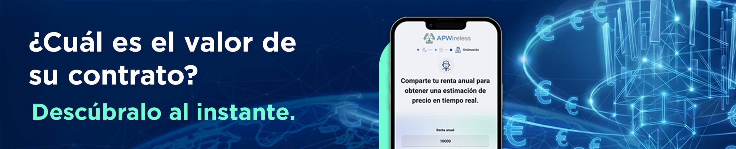 Banner informativo en español: pregunta '¿Cuál es el valor de su contrato? Descúbrelo al instante' con teléfono móvil a la derecha y fondo azul tecnológico.