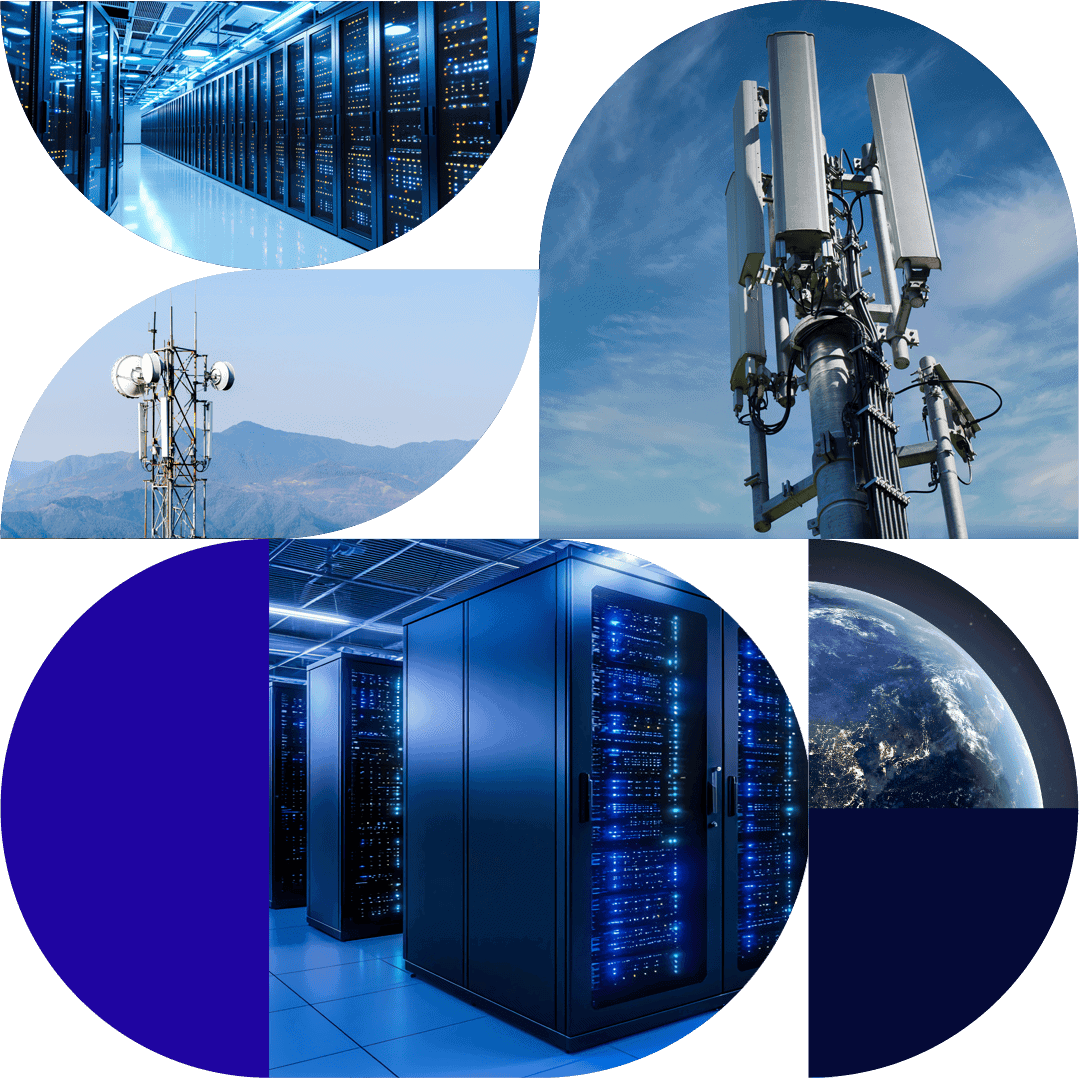 who-we-are-graphic-compressed-jp Collage of telecom and data center infrastructure: servers, antennas, and a view of Earth in blue tones.